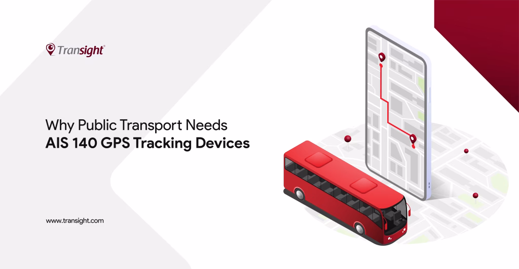 In a white background with a little black shade, a red truck is seen in the right side and a screen with navigation is placed nearby. In the left side the title shows AIS 140 Trackers.