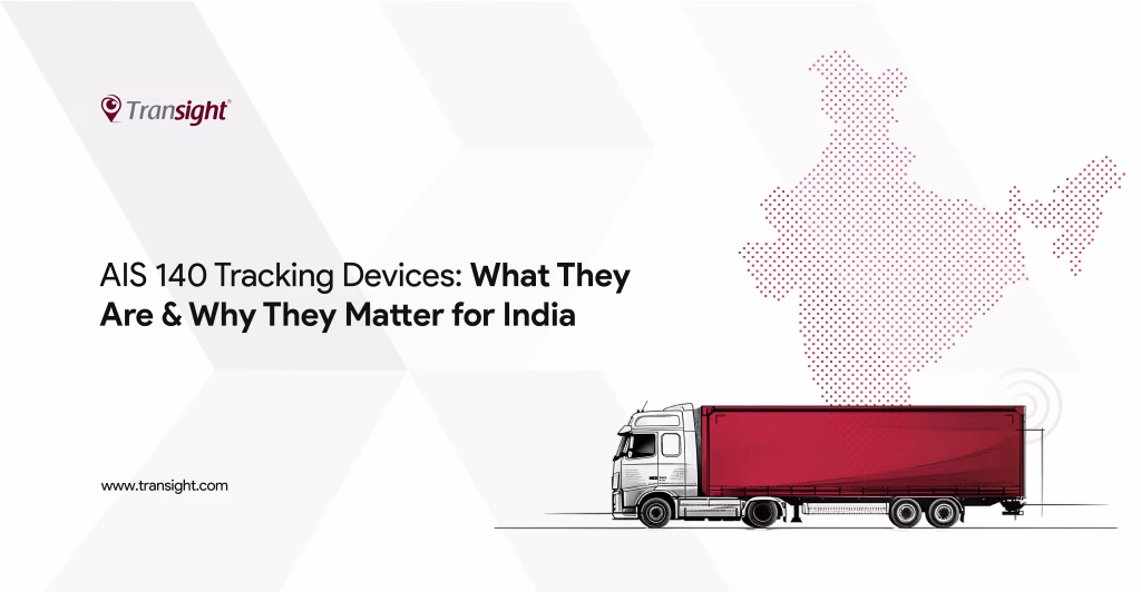 in a white backgorund we see a red truck in the right bottom side overshadowing an India map in dull red color in the background and in the middle left we can see the title of the blog called AIS 140 tracking devices- what are they and why they matter for India?