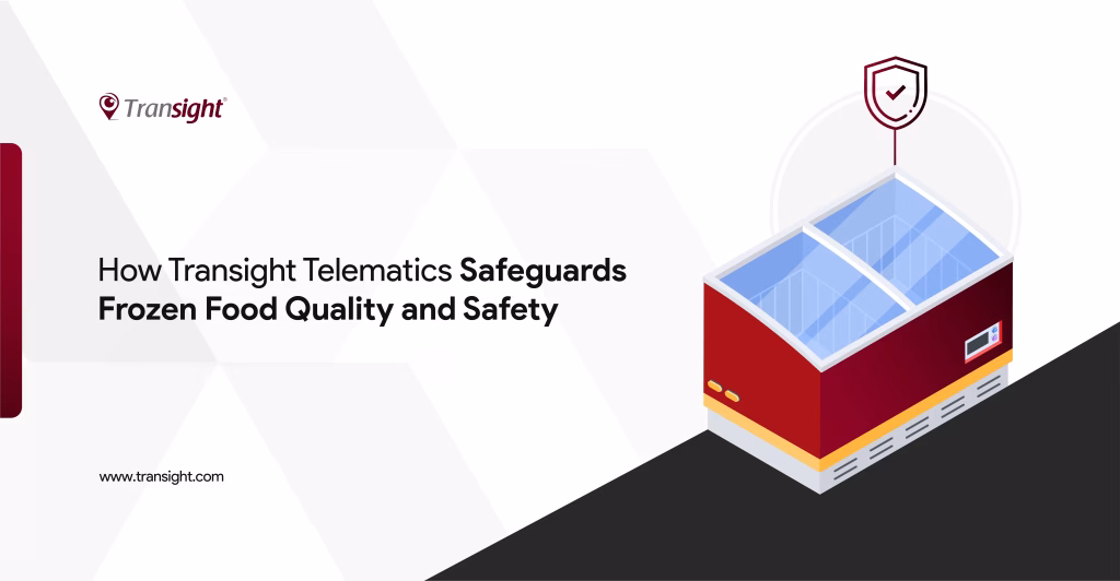 in a white background with red and black at the right bottom a freezer is kept signifying cold storage. in the right middle portion the title is written as How telematics safeguards frozen food quality and safety