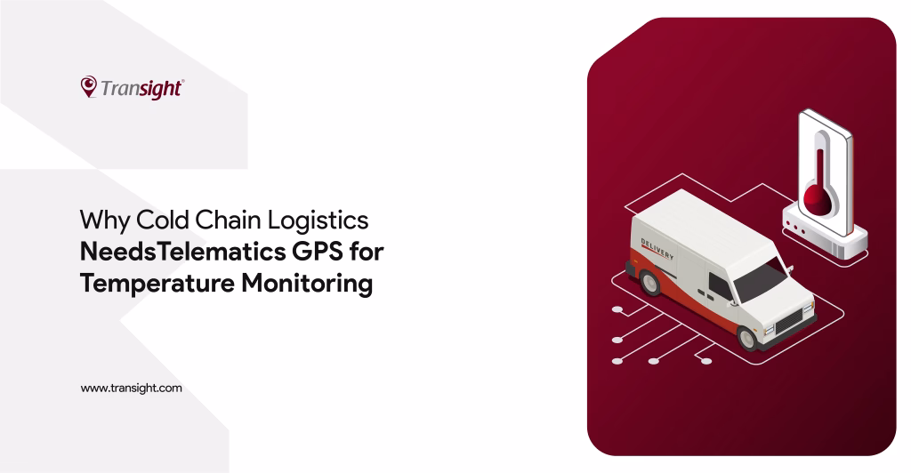 A white background with brick red color on right end showing a white truck and temperature control showing how cold chain logistics use telematics for temperature monitoring.