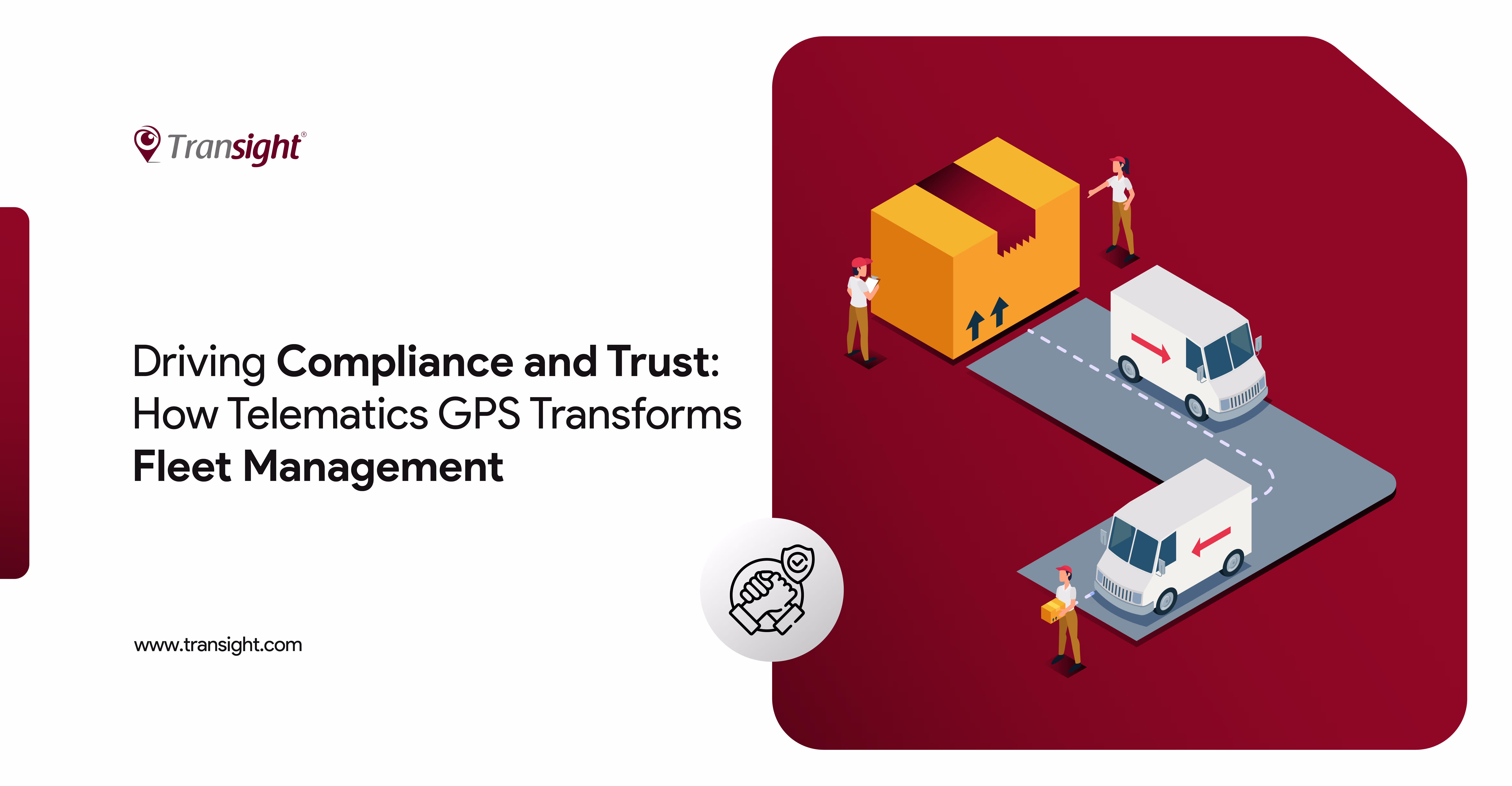 An image of trucks leaving a factory in red background