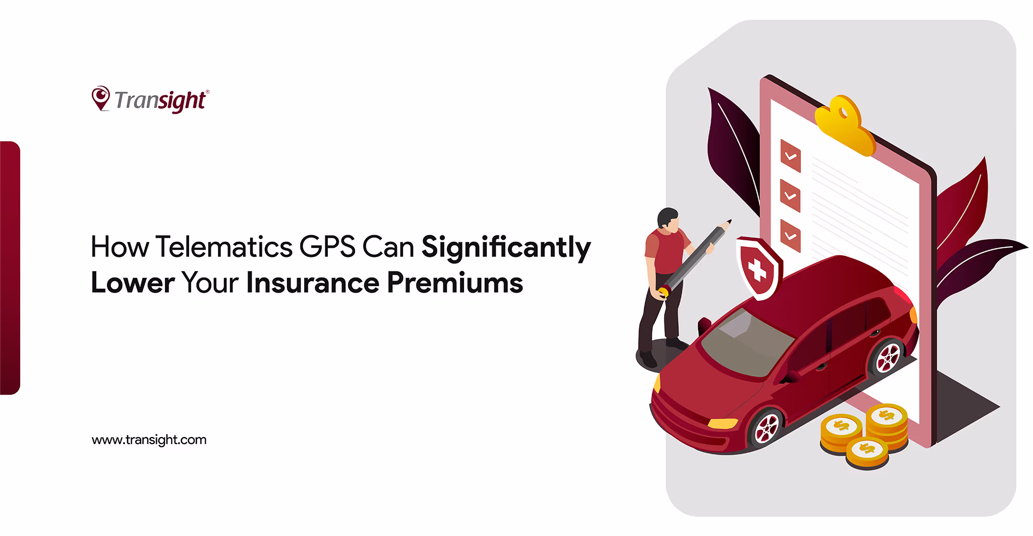 The title of the blog is written in black color and it suggests how telematics gps can lower insurance premiums. The picture also shows a symbolic screen and a car and a man in red color standing by its side.
